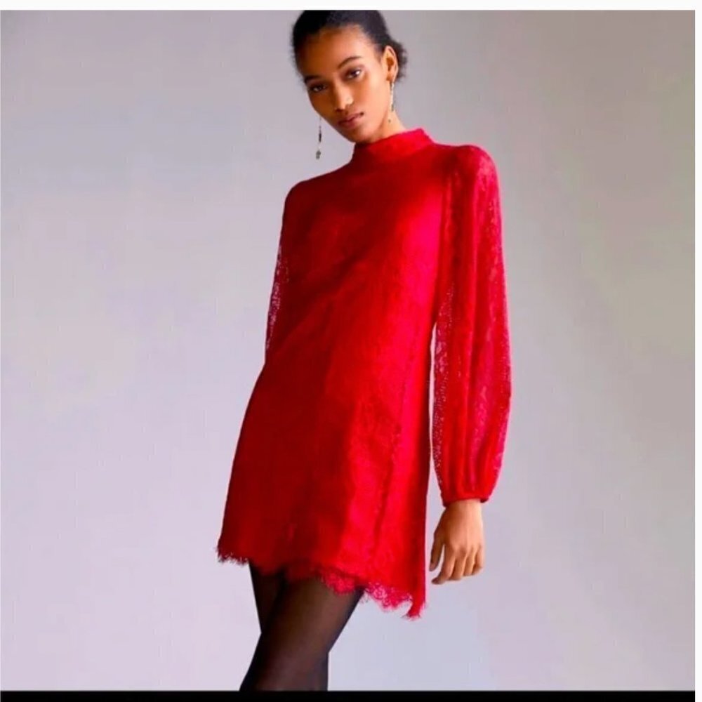 Anthropologie Maeve Open Back Red Lace Mini Dress Mock Neck Long Sleeve 6